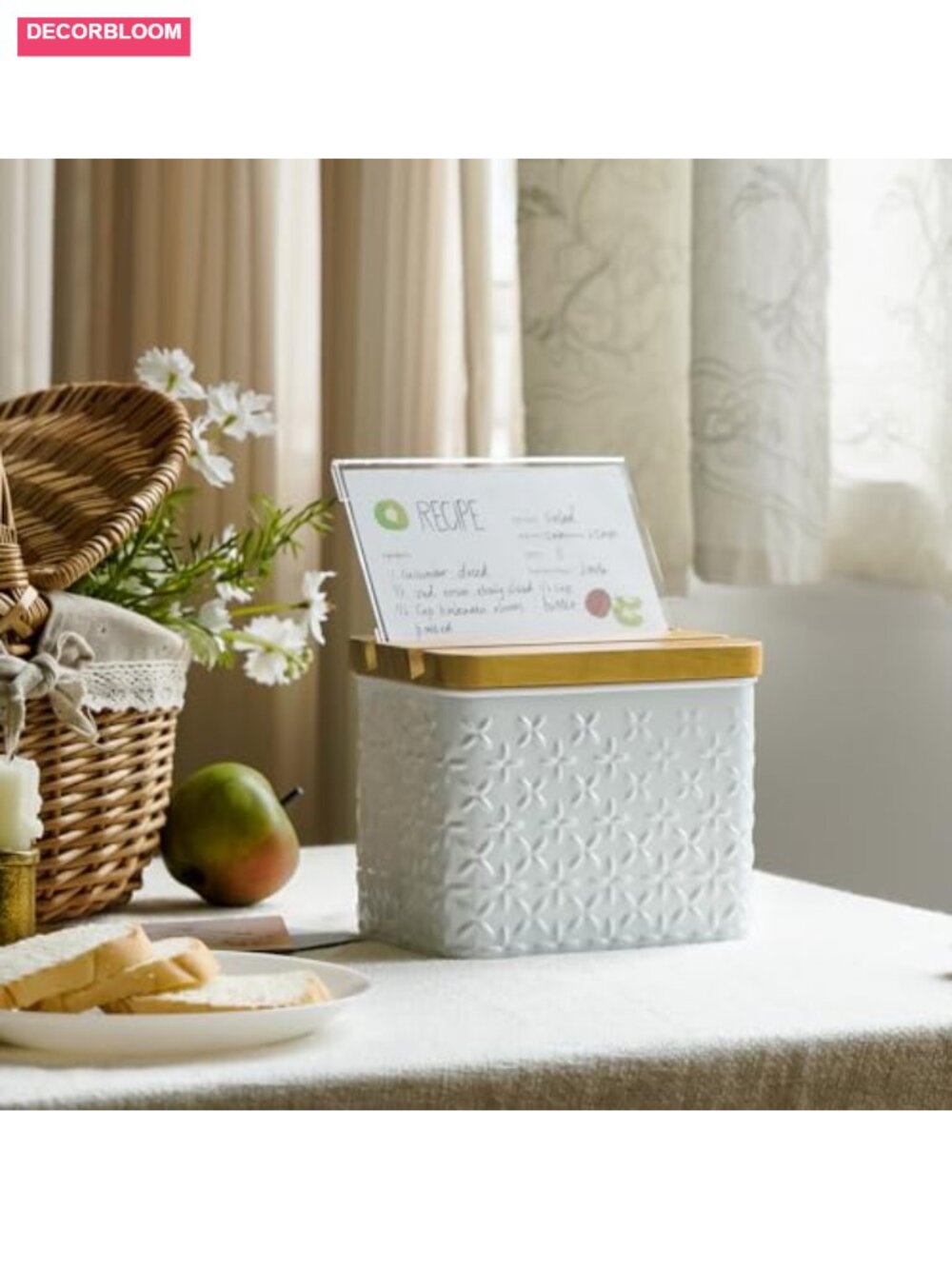 Metal & Pine Wood Recipe Box Set with Cards Dividers Acrylic Frame